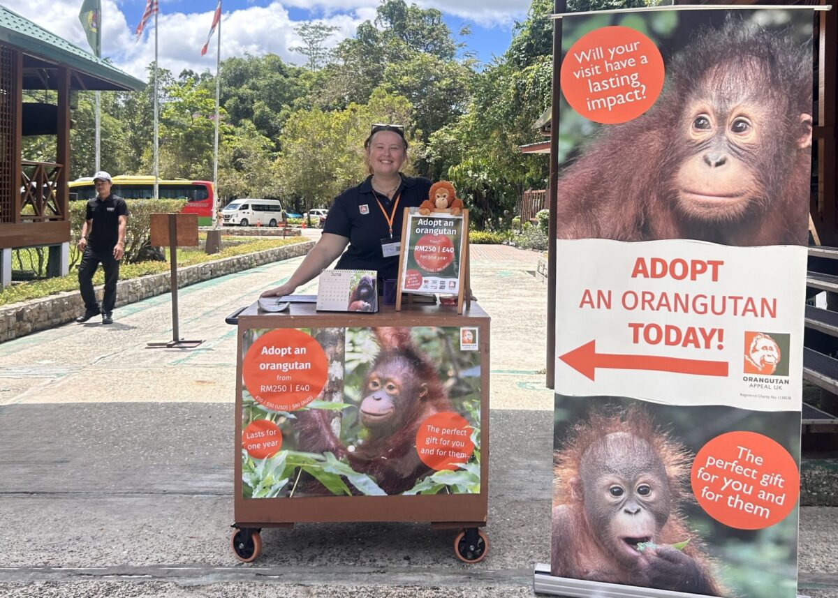 The exit to Sepilok with out LO standing behind a desk and a banner pointing towards her with the words 'Adopt an orangutan today.'