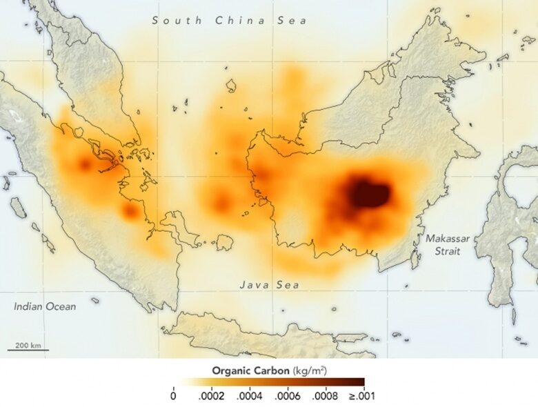 Nasa Image of Borneo showing the spread and severity of toxic haze.