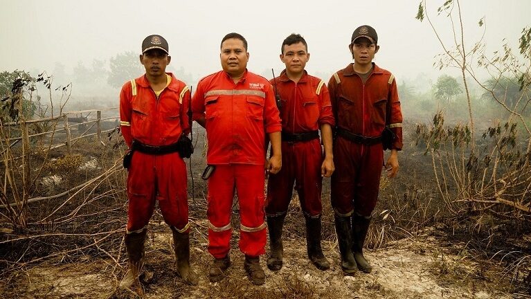 Local Fire Fighters standing in a row surrounded by burnt rainforest.