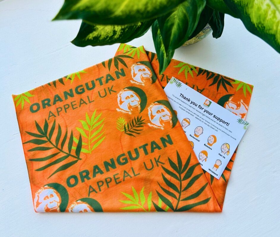 Orangutan Appeal UK headband on a white table with a plant and card showing the multiple ways to wear the headband