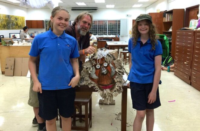 Jacha with orangutan sculpture created in collaboration with school students.