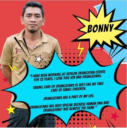 Orangutan Appeal UK staff member standing for a photo with comic book-style graphics surrounding them.