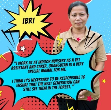 Orangutan Appeal UK staff member standing for a photo with comic book-style graphics surrounding them.