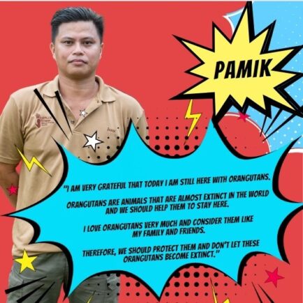 Orangutan Appeal UK staff member standing for a photo with comic book-style graphics surrounding them.