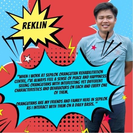 Orangutan Appeal UK staff member standing for a photo with comic book-style graphics surrounding them.