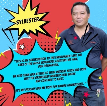 Orangutan Appeal UK staff member standing for a photo with comic book-style graphics surrounding them.