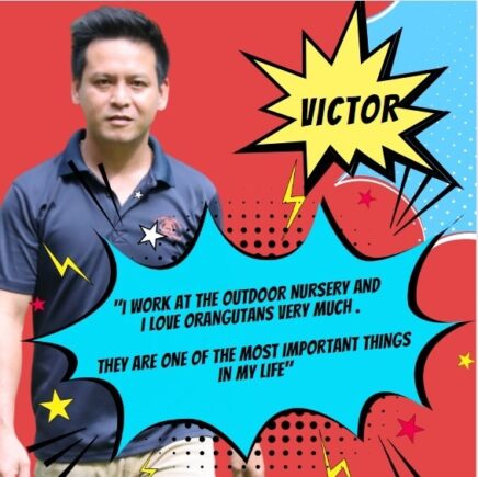 Orangutan Appeal UK staff member standing for a photo with comic book-style graphics surrounding them.