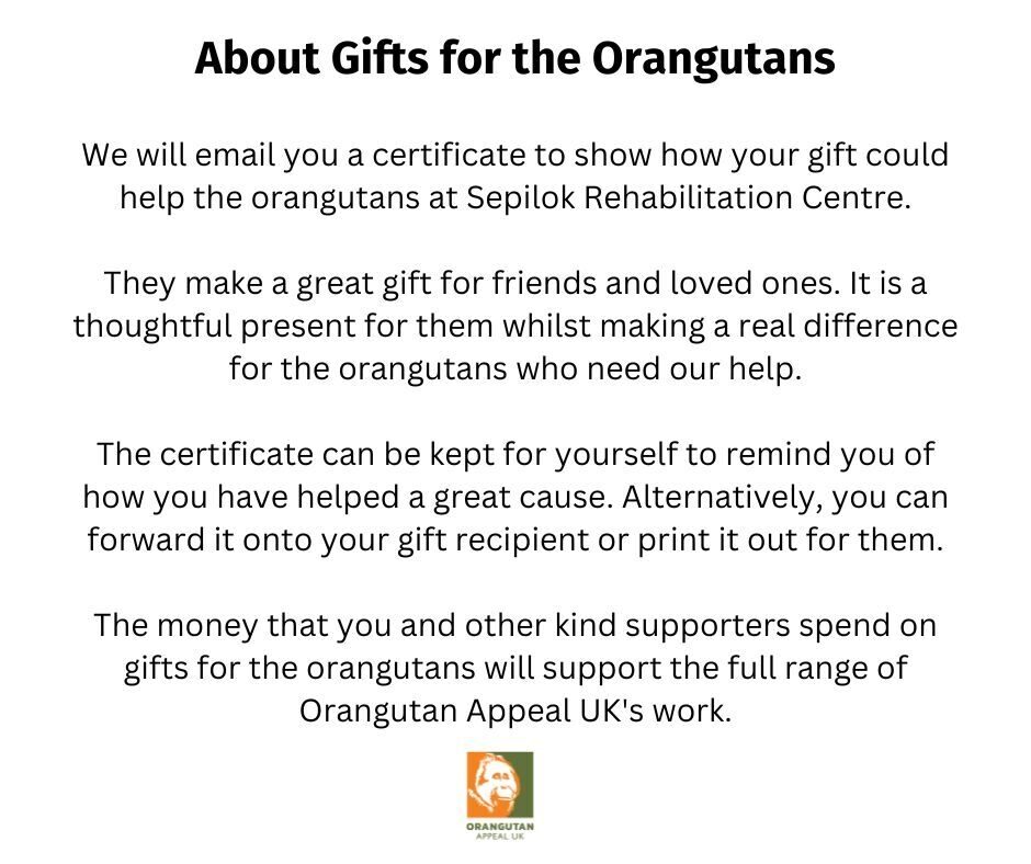 About Gifts for the OrangutansWe will email you a certificate to show how your gift could help the orangutans at Sepilok Rehabilitation Centre.They make a great gift for friends and loved ones. It is a thoughtful present for them whilst making a real difference for the orangutans who need our help.The certificate can be kept for yourself to remind you of how you have helped a great cause. Alternatively, you can forward it onto your gift recipient or print it out for them.The money that you and other kind supporters spend on gifts for the orangutans will support the full range of Orangutan Appeal UK's work.