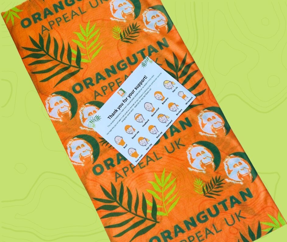 Orangutan Appeal UK headband and card showing the multiple ways to wear the headband
