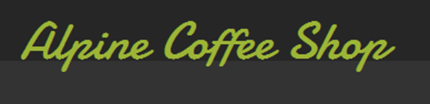 text reading Alpine Coffee Shop in logo lettering.
