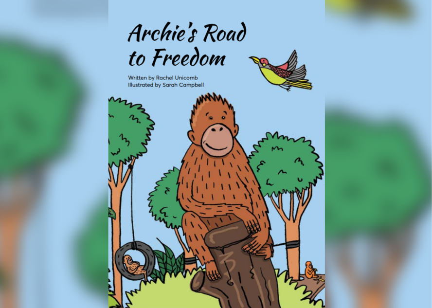 Archie's Road to Freedom cover of the book shows an illustration of an orangutan smiling in a rainforest.