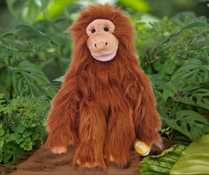 Orangutan Hand Puppet (Medium) with rainforest background